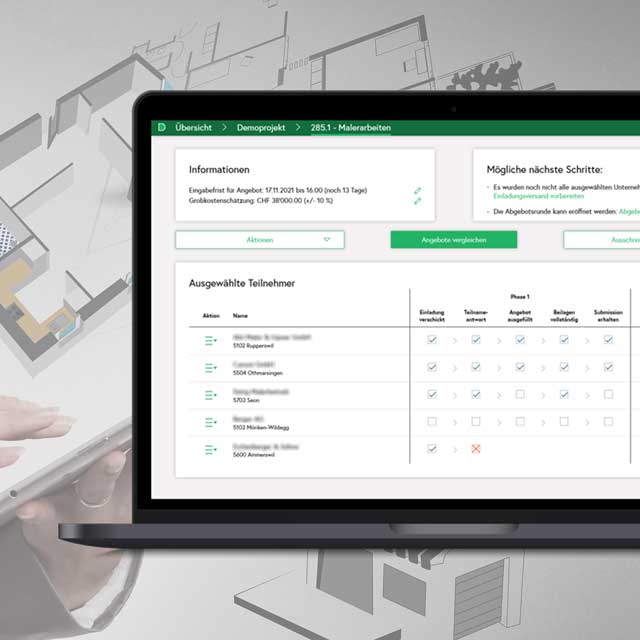 Architekten und Bauleitern wird der Fortschritt ihrer Bauprojektausschreibungen mit Echtzeitstatus angezeigt.