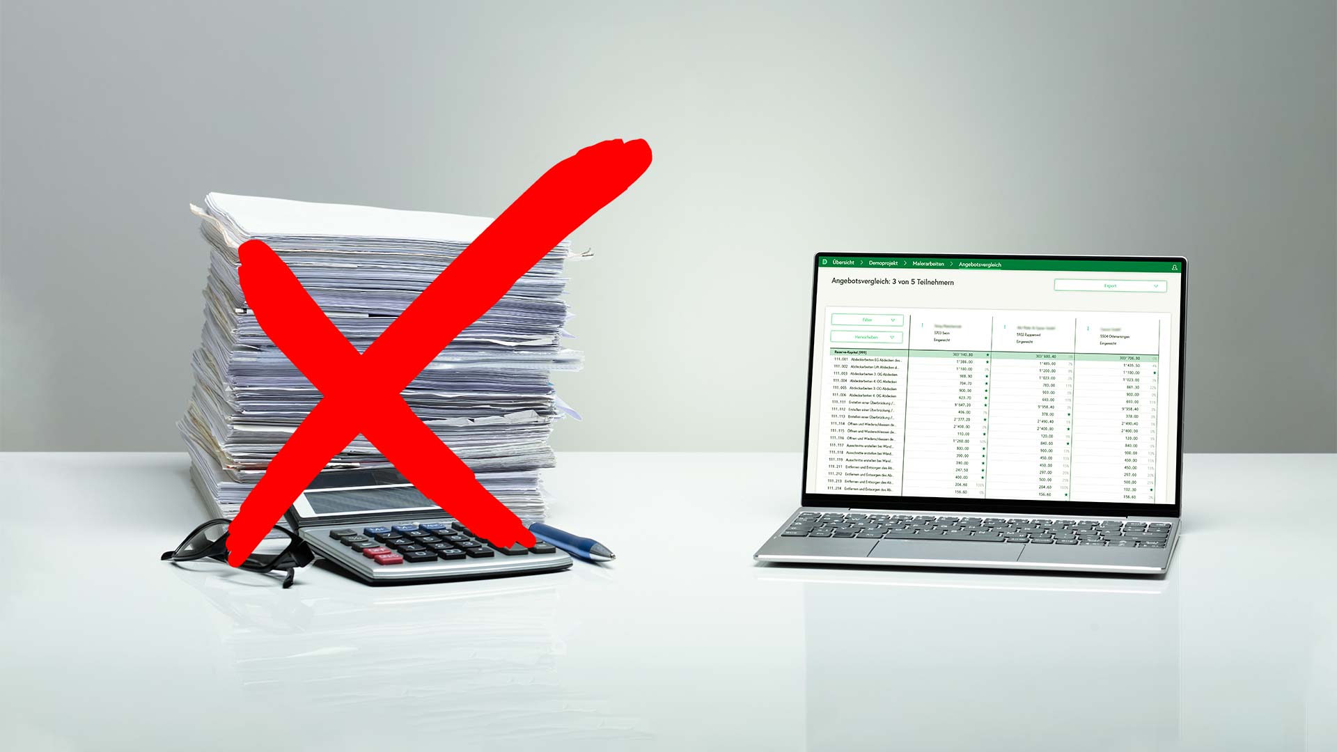 Handofferten adieu - Veraltete, ausgefüllte Leistungsverzeichnisse (durchgestrichen) und das neue, digitale Devisio